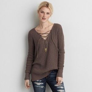 Brown waffle knit American eagle tie up sweater